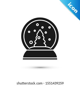 Black Christmas snow globe with fallen snow and christmas tree icon isolated on white background. Merry Christmas and Happy New Year.  Vector Illustration