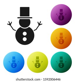 Black Christmas snowman icon isolated on white background. Merry Christmas and Happy New Year. Set icons colorful circle buttons. Vector Illustration
