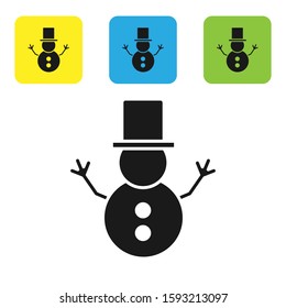 Black Christmas snowman icon isolated on white background. Merry Christmas and Happy New Year. Set icons colorful square buttons. Vector Illustration
