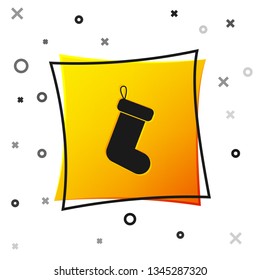 Black Christmas sock icon isolated on white background. Yellow square button. Vector Illustration