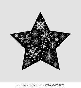 Black Christmas star with snowfall and snowflakes inside. Isolated on white. Vector illustration. Christmas tree decoration in black