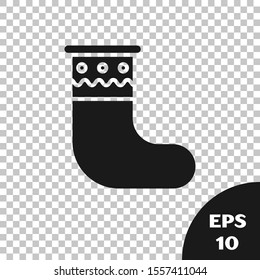 Black Christmas stocking icon isolated on transparent background. Merry Christmas and Happy New Year.  Vector Illustration
