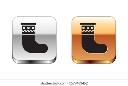 Black Christmas stocking icon isolated on white background. Merry Christmas and Happy New Year. Silver-gold square button. Vector Illustration