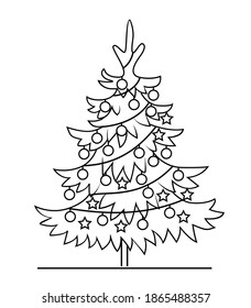 Árbol negro de Navidad con decoración. Ornamento vectorial de Navidad e ilustración, Icono. Árbol Evergreen.