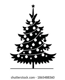 Black Christmas Tree with decoration. Vector Christmas ornament and illustration, Icon. Evergreen Tree.