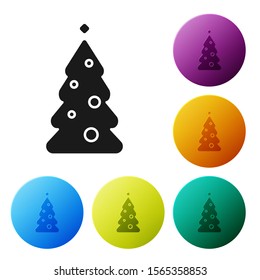 Black Christmas tree with decorations icon isolated on white background. Merry Christmas and Happy New Year. Set icons colorful circle buttons. Vector Illustration