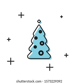 Black Christmas tree with decorations icon isolated on white background. Merry Christmas and Happy New Year.  Vector Illustration