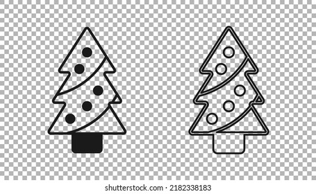 Árbol negro de Navidad con icono de decoraciones aislado en fondo transparente. Feliz Navidad y Feliz Año Nuevo.  Vector