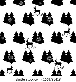 Black christmas tree and deer seamless pattern. Fashion graphic background design. Modern stylish abstract texture. Monochrome template for prints, textiles, wrapping, wallpaper. Vector illustration