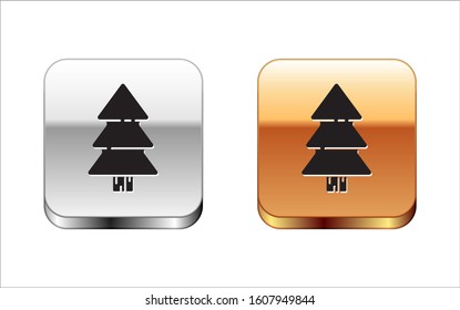 Black Christmas tree icon isolated on white background. Merry Christmas and Happy New Year. Silver-gold square button. Vector Illustration