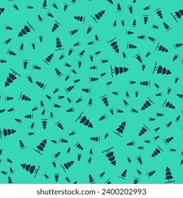 Black Christmas tree icon isolated seamless pattern on green background. Merry Christmas and Happy New Year.  Vector