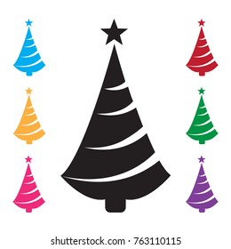 Black Christmas tree icon with star. Colorful set additional versions icons. Vector illustration