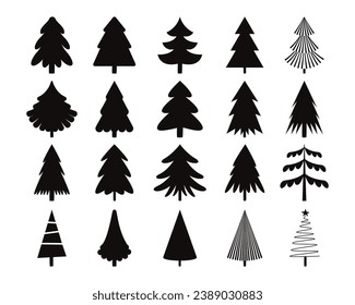 Iconos de árboles de navidad negros. Impresión sin igual de árboles de invierno vacacionales con adornos, copos de nieve y regalos. Fondo monocromático vectorial del bosque de navidad, ilustración de pino y abeto