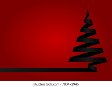 Black christmas tree made from ribbon on red background. Vector illustration. Marry Christmas and Happy New Year poster, flyer, gritting card or banner
