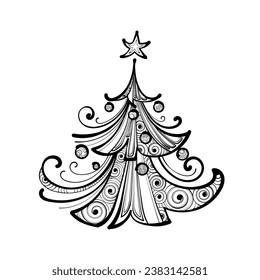 Black christmas tree on white background. Christmas decoration. Graphic drawing. Vector illustration.