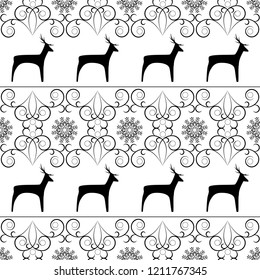Black christmas tree, snowflake and deer seamless pattern. Fashion graphic background design. Modern stylish abstract texture. Monochrome template for prints, textiles, wrapping. Vector illustration