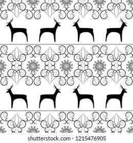 Black christmas tree, snowflake and deer seamless pattern. Fashion graphic background design. Modern stylish abstract texture. Monochrome template for prints, textiles, wrapping. Vector illustration