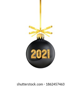 Black Christmas tree toy with red bow and shiny numbers 2021, Christmas ball, holiday decoration, realistic vector.