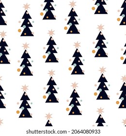 Black Christmas trees on a white background. Seamless vector pattern in Scandinavian style