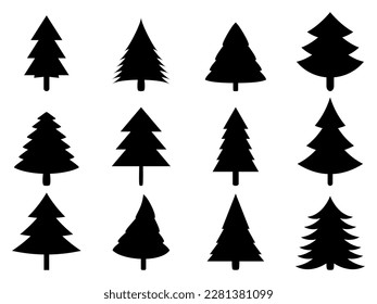 Black christmas trees set isolated on white background. Christmas tree silhouettes. Design of christmas tree for posters, banners and promotional items. Vector illustration