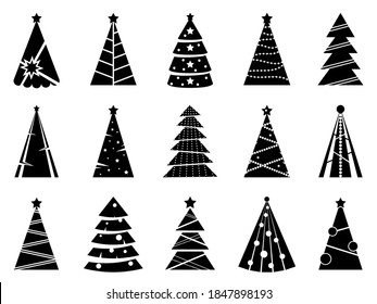 Black Christmas trees silhouette with festive decorations isolated on a white background. Vector flat illustration for greeting card, poster, invitation, web banner.