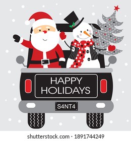 Black christmas truck, santa and snowman for greeting card, christmas gift bag or box design