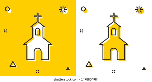 Black Church building icon isolated on yellow and white background. Christian Church. Religion of church. Random dynamic shapes. Vector Illustration