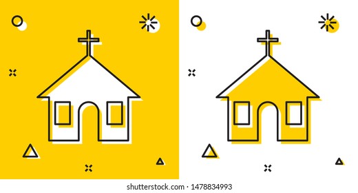 Black Church building icon isolated on yellow and white background. Christian Church. Religion of church. Random dynamic shapes. Vector Illustration
