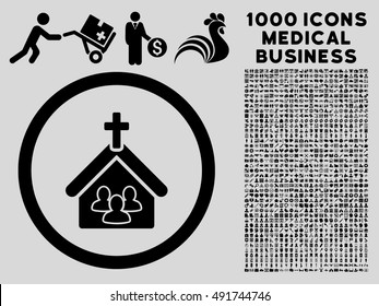Black Church vector rounded icon. Image style is a flat icon symbol inside a circle, light gray background. Bonus clipart contains 1000 medical business pictograms.