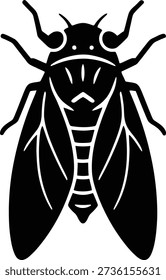 black cicada silhouette vector with a clean, symmetrical insect form. This minimalist illustration is ideal for tattoo stencils, nature logos, summer branding, educational graphics, and print or web design projects.
