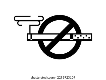 Black cigarette stop quit smoking in prohibition sign pixel outline flat vector icon design.