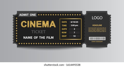 Black cinema admission ticket stub vector template with golden glittering cinema sign.