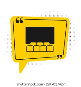 Black Cinema auditorium with screen icon isolated on white background. Yellow speech bubble symbol. Vector