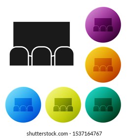 Black Cinema auditorium with screen and seats icon isolated on white background. Set icons colorful circle buttons. Vector Illustration