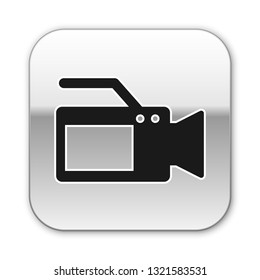 Black Cinema camera icon isolated on white background. Video camera. Movie sign. Film projector. Silver square button. Vector Illustration