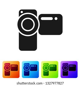 Black Cinema camera icon isolated on white background. Video camera. Movie sign. Film projector. Set icon in color square buttons. Vector Illustration