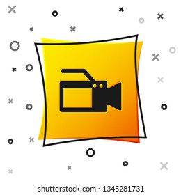 Black Cinema camera icon isolated on white background. Video camera. Movie sign. Film projector. Yellow square button. Vector Illustration