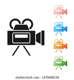 Black Cinema camera icon isolated on white background. Video camera. Movie sign. Film projector. Set icons colorful. Vector Illustration