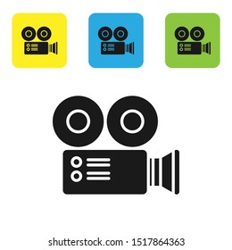 Black Cinema camera icon isolated on white background. Video camera. Movie sign. Film projector. Set icons colorful square buttons. Vector Illustration