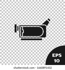 Icono de cámara de cine negro aislado en fondo transparente. Cámara de video. Signo de película. Proyector de película. Ilustración vectorial