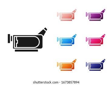 Icono de cámara de cine negro aislado en fondo blanco. Cámara de video. Signo de película. Proyector de película. Establecer iconos coloridos.  Ilustración vectorial