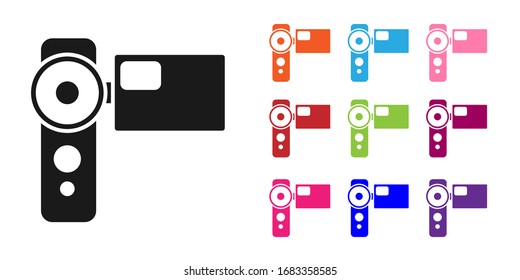 Icono de cámara de cine negro aislado en fondo blanco. Cámara de video. Signo de película. Proyector de película. Establecer iconos coloridos. Ilustración vectorial