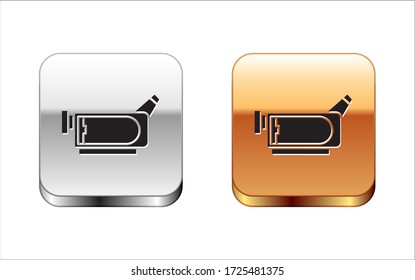 Black Cinema camera icon isolated on white background. Video camera. Movie sign. Film projector. Silver-gold square button. Vector Illustration