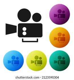 Black Cinema camera icon isolated on white background. Video camera. Movie sign. Film projector. Set icons in color circle buttons. Vector