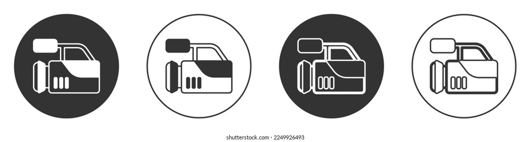 Black Cinema camera icon isolated on white background. Video camera. Movie sign. Film projector. Circle button. Vector