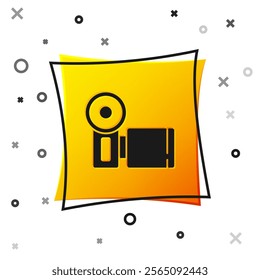 Black Cinema camera icon isolated on white background. Video camera. Movie sign. Film projector. Yellow square button. Vector