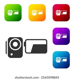 Black Cinema camera icon isolated on white background. Video camera. Movie sign. Film projector. Set icons in color square buttons. Vector Illustration