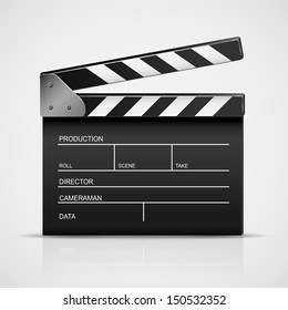 Black cinema clapper isolated on a gray background, illustration.