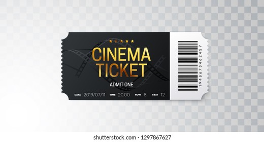 Black cinema ticket isolated on transparent background. Vector realistic illustration. Movie admission. Coupon design