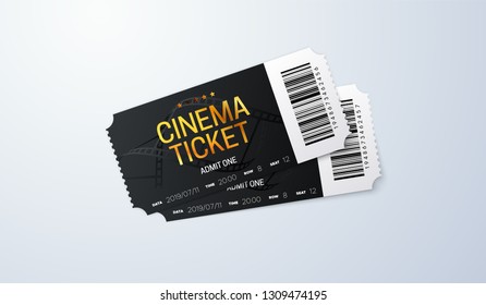 Black cinema tickets on white background. Vector realistic illustration. Movie admission. Coupon design